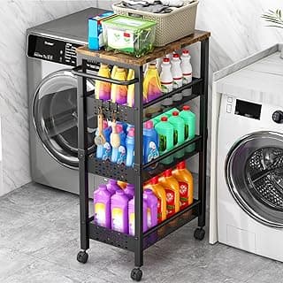 Vivihomety Utility Slim Storage Cart with Wheels, 4-Tier Narrow Rolling Organizer Shelf with Wood Top, Metal Storage Rack and Space-Saving...