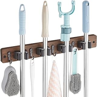 OUTNILI Mop and Broom Holder Wall Mount - Wood Broom Mop Hanger - Wall Mounted Garden Tool Rack Organizer for Closet Garage Laundry Room, R...