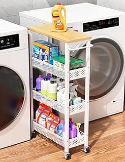 OKZEST Utility Slim Storage Cart, 4 Tier Small Rolling Kitchen Laundry Room Cart with Wood Top, Metal Narrow Bathroom Storage Cabinet Mobil...
