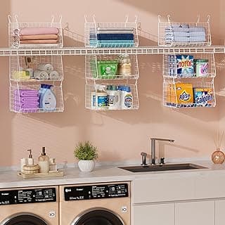 3-Tier Hanging Laundry Basket Organizer:Foldable Wire Shelf Laundry Room Organizer with 360°Rotating Hooks Small Space Solutions Closet Han...
