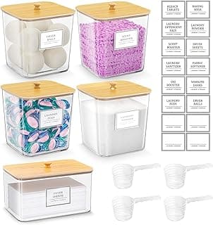 4+1 Pack Laundry Room Organization Containers,Clear Laundry Pods Container,Large Laundry Detergent Powder Storage Containers with Wooden Li...